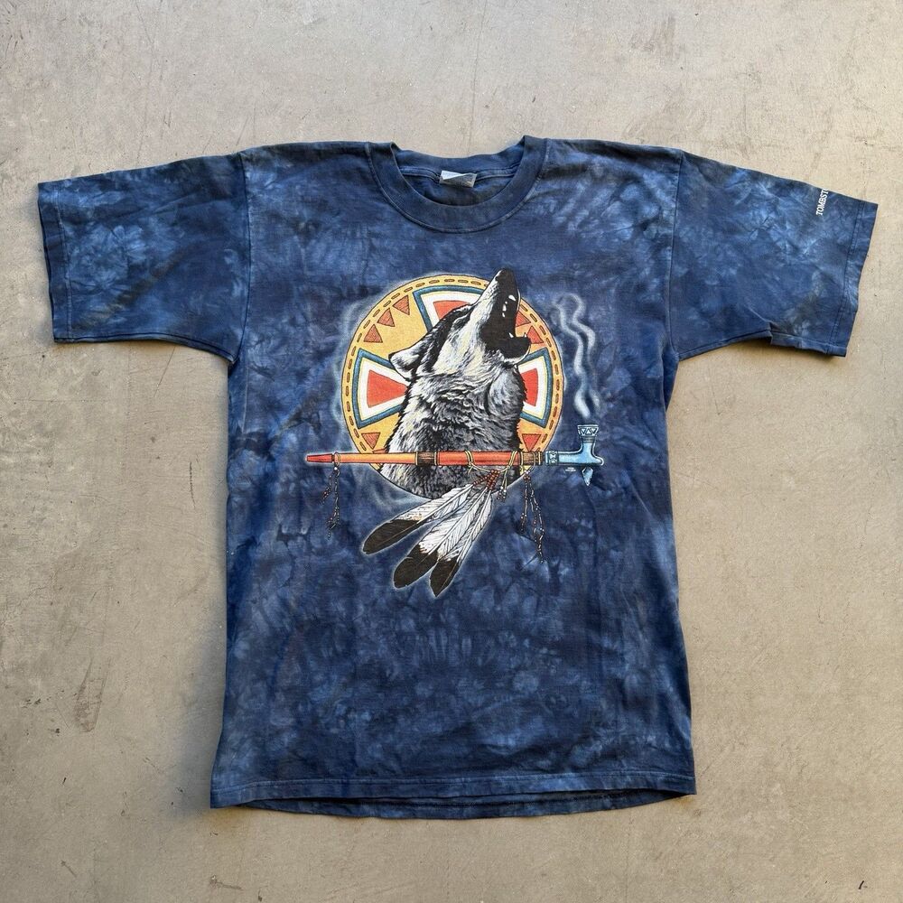VTG Y2K 2002 Optima Sz L Shirt Wolf Aztec Navajo Native Tie Dye Animal Tombstone